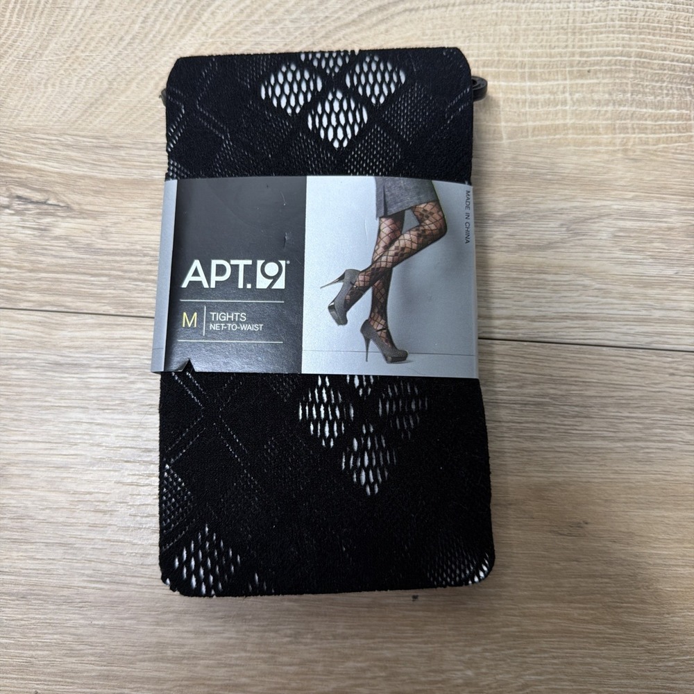 APT 9 Womens Tights Medium Black Geometric Openwork Net to Waist Hosiery New